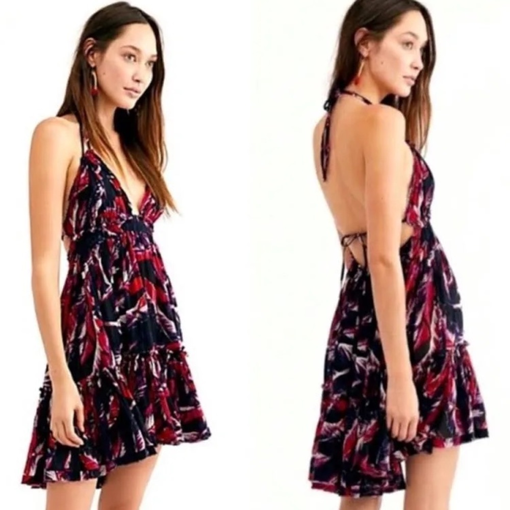 NWT Free People 100 degree dress sz S adjustable drawstring waist black tropical